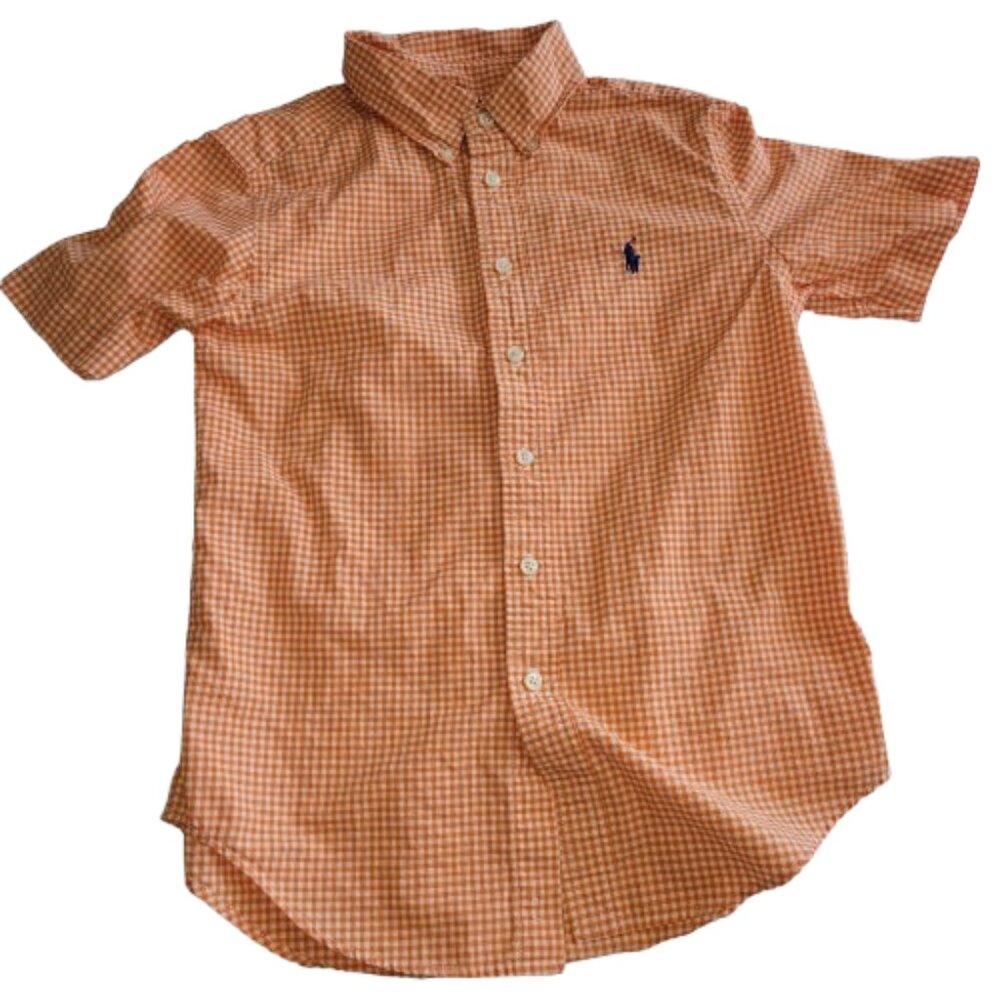 Ralph Lauren Kids Boys Size M Orange White Gingham Short Sleeve Button-Up Shirt